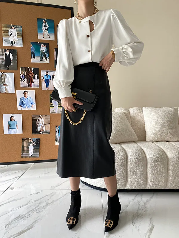 Urban Puff Sleeves Hollow Solid Color Round-Neck Blouses