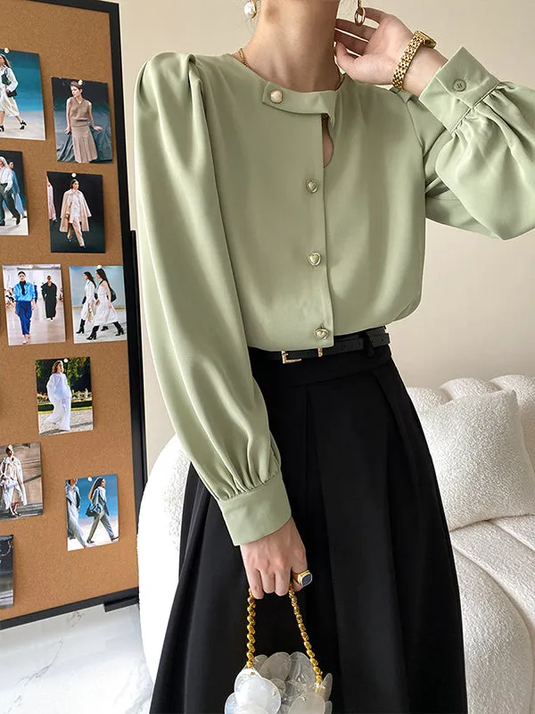 Urban Puff Sleeves Hollow Solid Color Round-Neck Blouses