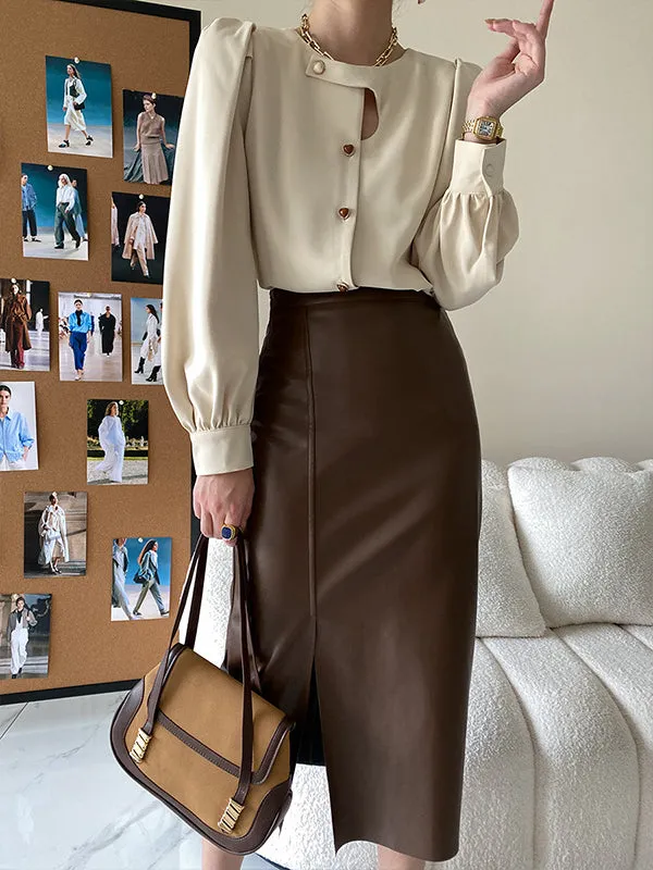 Urban Puff Sleeves Hollow Solid Color Round-Neck Blouses