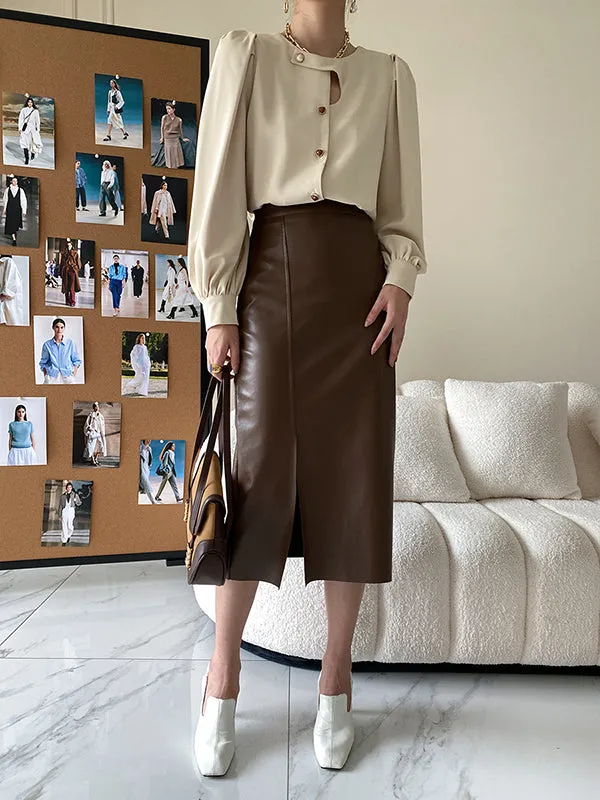 Urban Puff Sleeves Hollow Solid Color Round-Neck Blouses