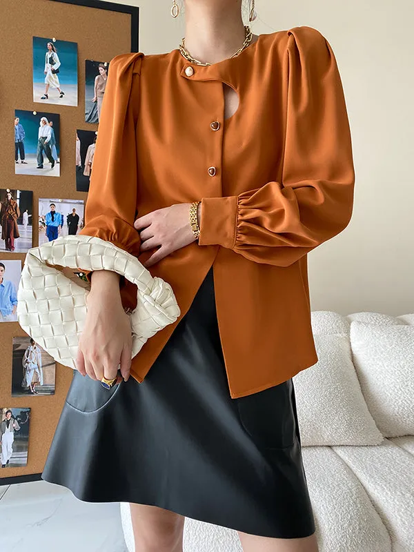 Urban Puff Sleeves Hollow Solid Color Round-Neck Blouses