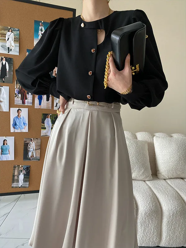 Urban Puff Sleeves Hollow Solid Color Round-Neck Blouses