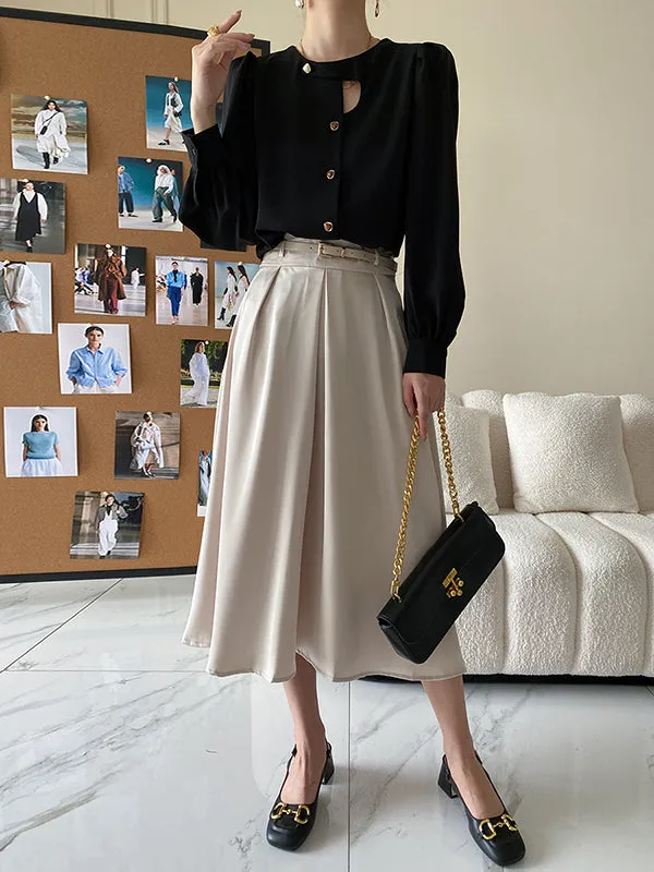 Urban Puff Sleeves Hollow Solid Color Round-Neck Blouses