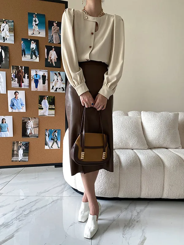 Urban Puff Sleeves Hollow Solid Color Round-Neck Blouses
