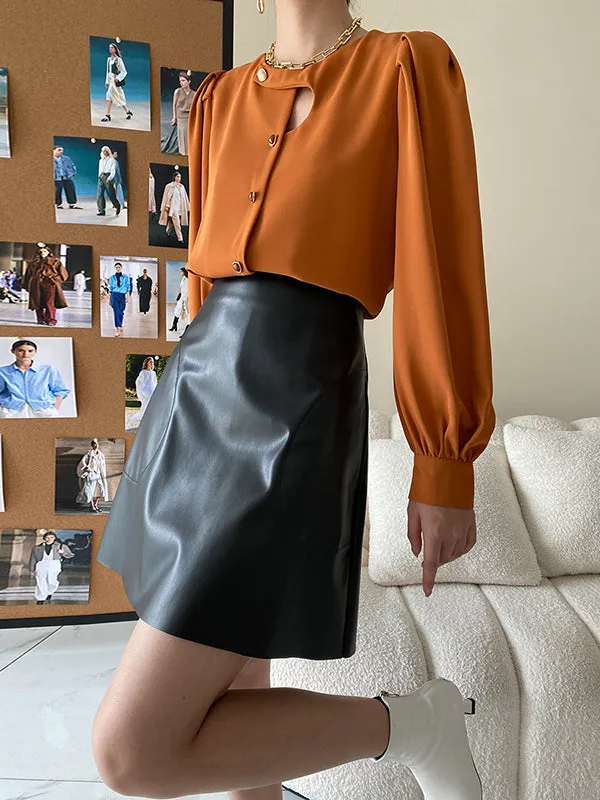 Urban Puff Sleeves Hollow Solid Color Round-Neck Blouses