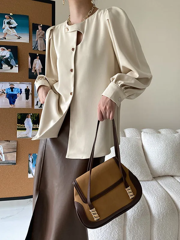 Urban Puff Sleeves Hollow Solid Color Round-Neck Blouses