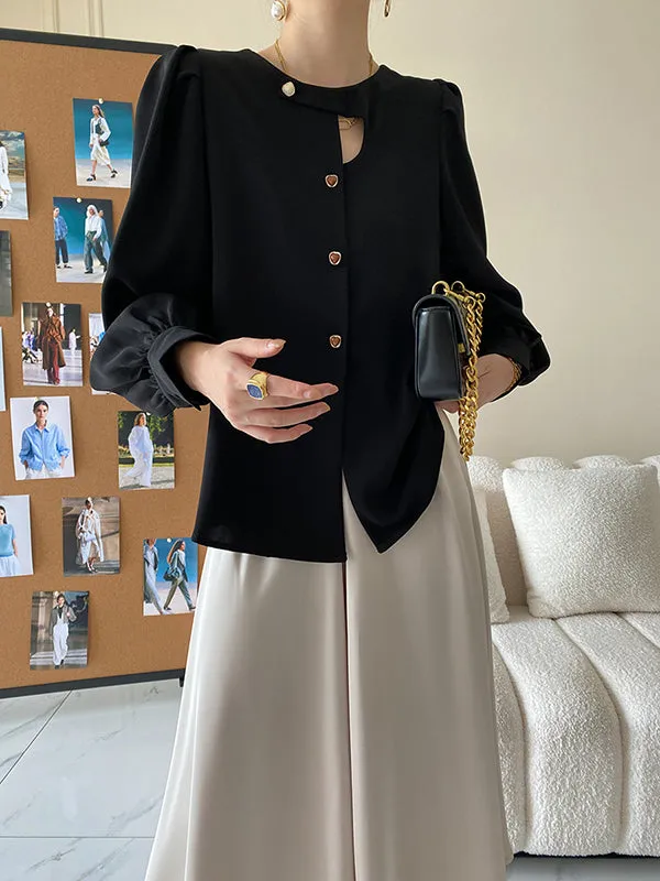 Urban Puff Sleeves Hollow Solid Color Round-Neck Blouses