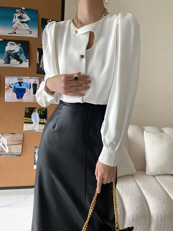 Urban Puff Sleeves Hollow Solid Color Round-Neck Blouses