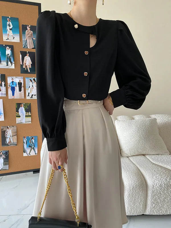 Urban Puff Sleeves Hollow Solid Color Round-Neck Blouses