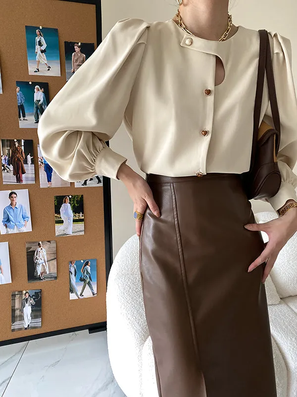 Urban Puff Sleeves Hollow Solid Color Round-Neck Blouses