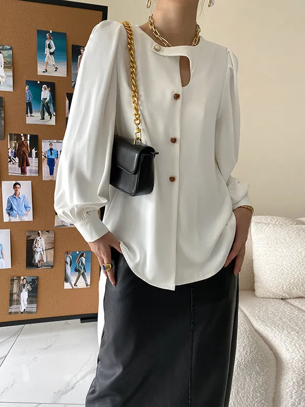 Urban Puff Sleeves Hollow Solid Color Round-Neck Blouses