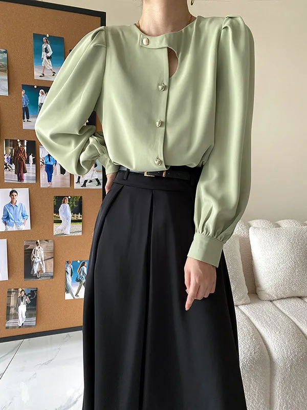 Urban Puff Sleeves Hollow Solid Color Round-Neck Blouses