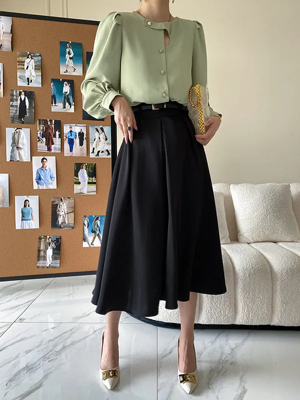 Urban Puff Sleeves Hollow Solid Color Round-Neck Blouses