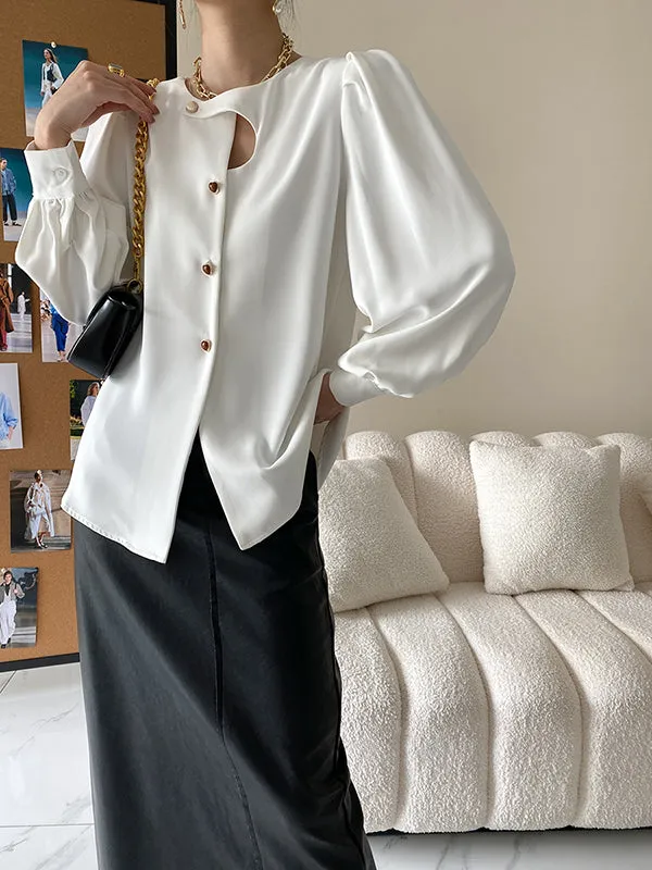 Urban Puff Sleeves Hollow Solid Color Round-Neck Blouses