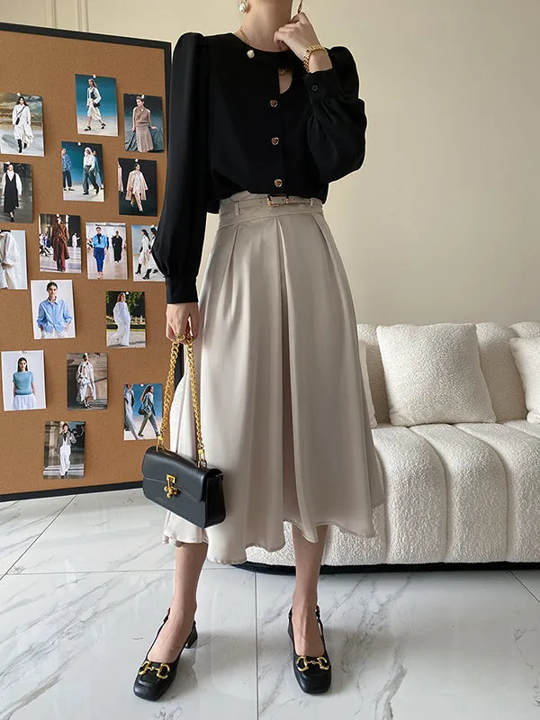 Urban Puff Sleeves Hollow Solid Color Round-Neck Blouses