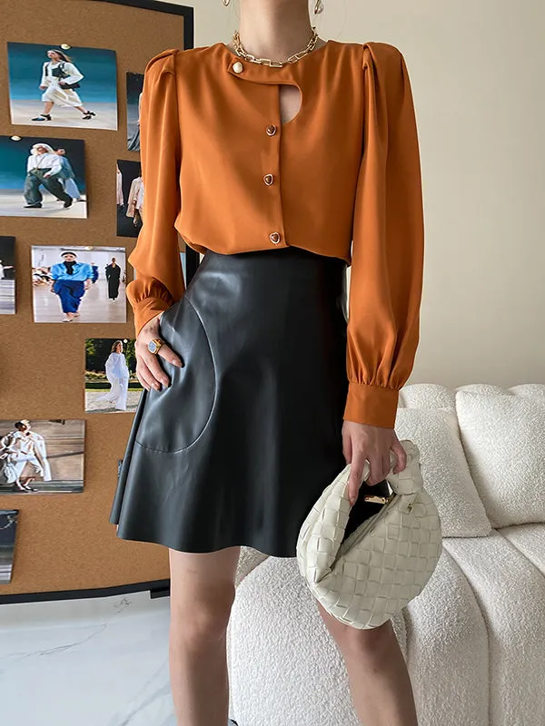 Urban Puff Sleeves Hollow Solid Color Round-Neck Blouses