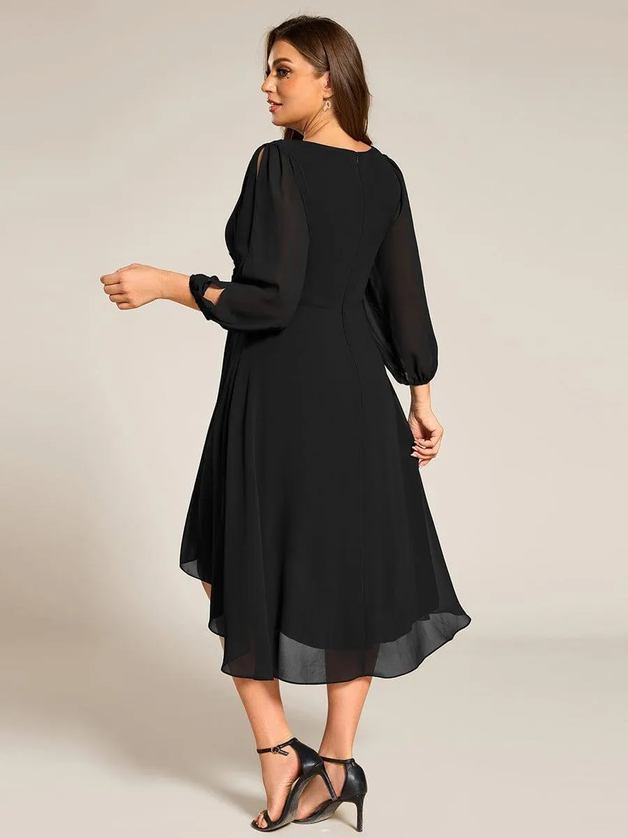 Warm Elise | Long Sleeves Waist Applique A-Line Midi Chiffon Wedding Guest Dress