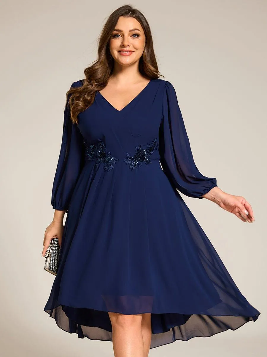 Warm Elise | Long Sleeves Waist Applique A-Line Midi Chiffon Wedding Guest Dress