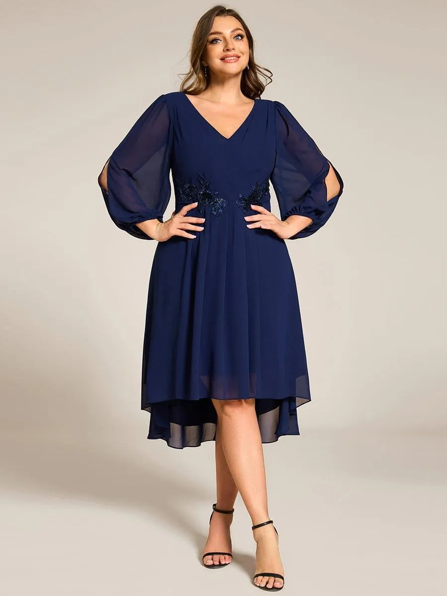 Warm Elise | Long Sleeves Waist Applique A-Line Midi Chiffon Wedding Guest Dress