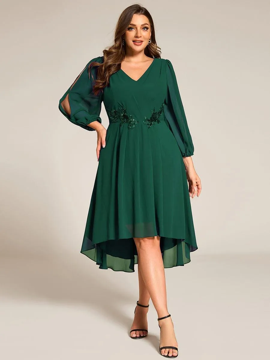 Warm Elise | Long Sleeves Waist Applique A-Line Midi Chiffon Wedding Guest Dress