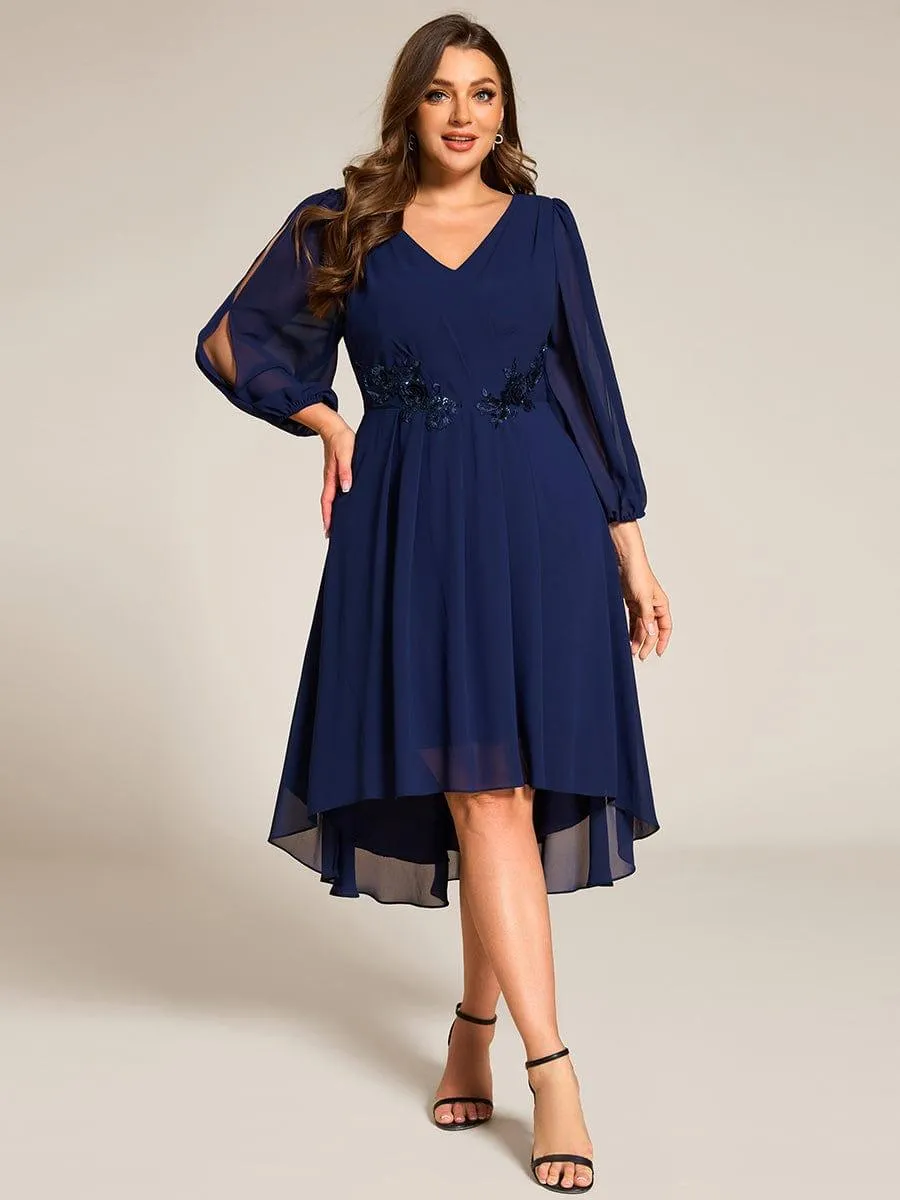 Warm Elise | Long Sleeves Waist Applique A-Line Midi Chiffon Wedding Guest Dress