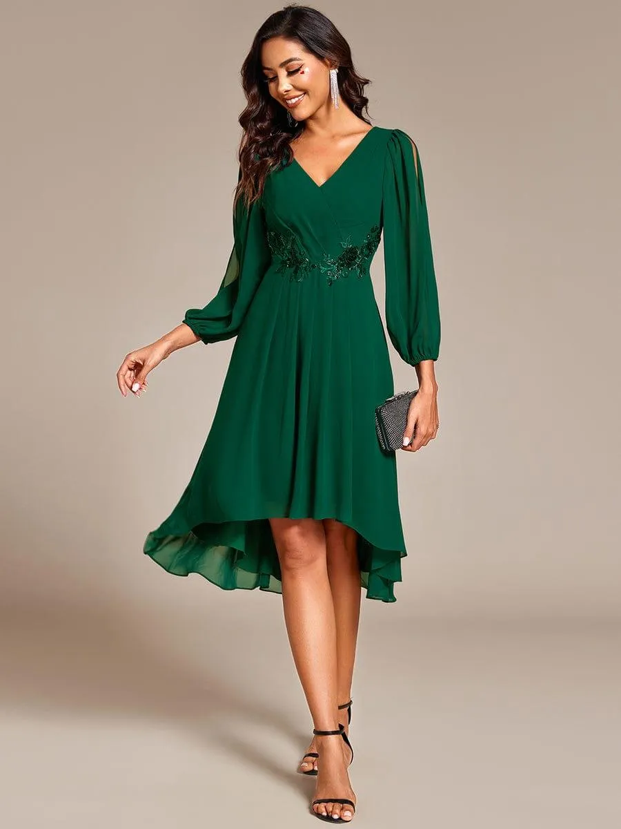 Warm Elise | Long Sleeves Waist Applique A-Line Midi Chiffon Wedding Guest Dress