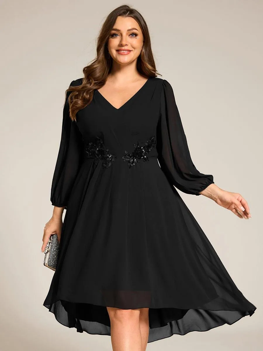 Warm Elise | Long Sleeves Waist Applique A-Line Midi Chiffon Wedding Guest Dress