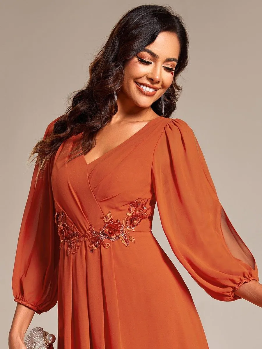 Warm Elise | Long Sleeves Waist Applique A-Line Midi Chiffon Wedding Guest Dress