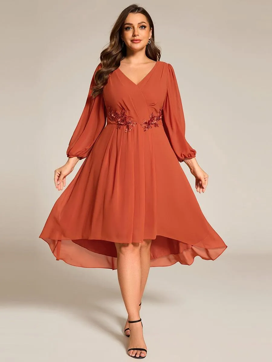 Warm Elise | Long Sleeves Waist Applique A-Line Midi Chiffon Wedding Guest Dress