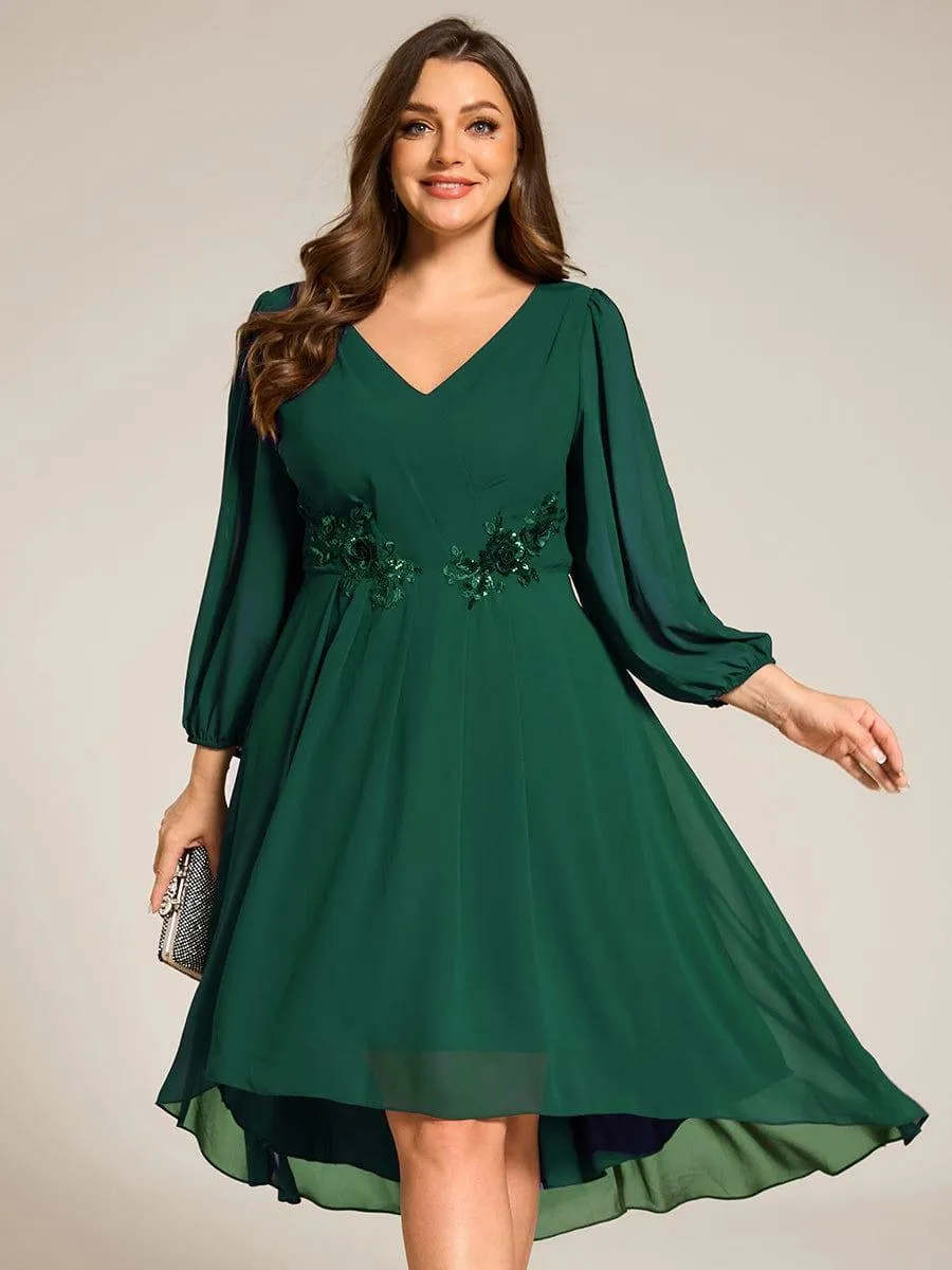 Warm Elise | Long Sleeves Waist Applique A-Line Midi Chiffon Wedding Guest Dress
