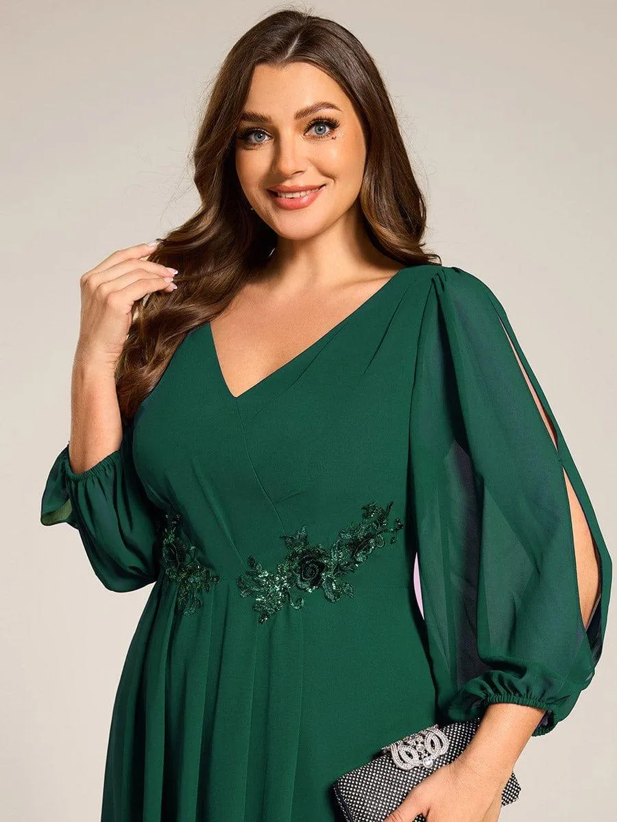 Warm Elise | Long Sleeves Waist Applique A-Line Midi Chiffon Wedding Guest Dress