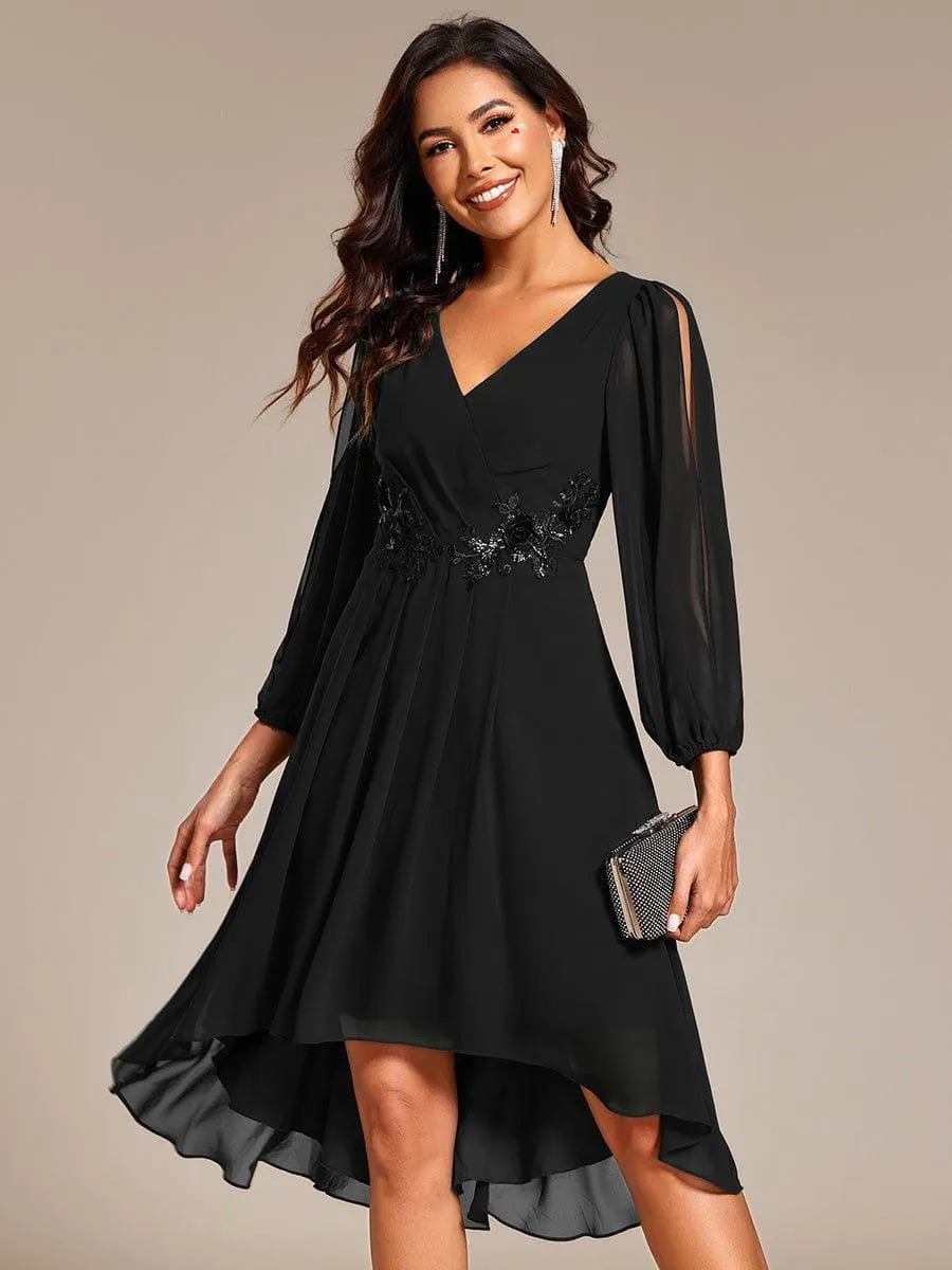 Warm Elise | Long Sleeves Waist Applique A-Line Midi Chiffon Wedding Guest Dress