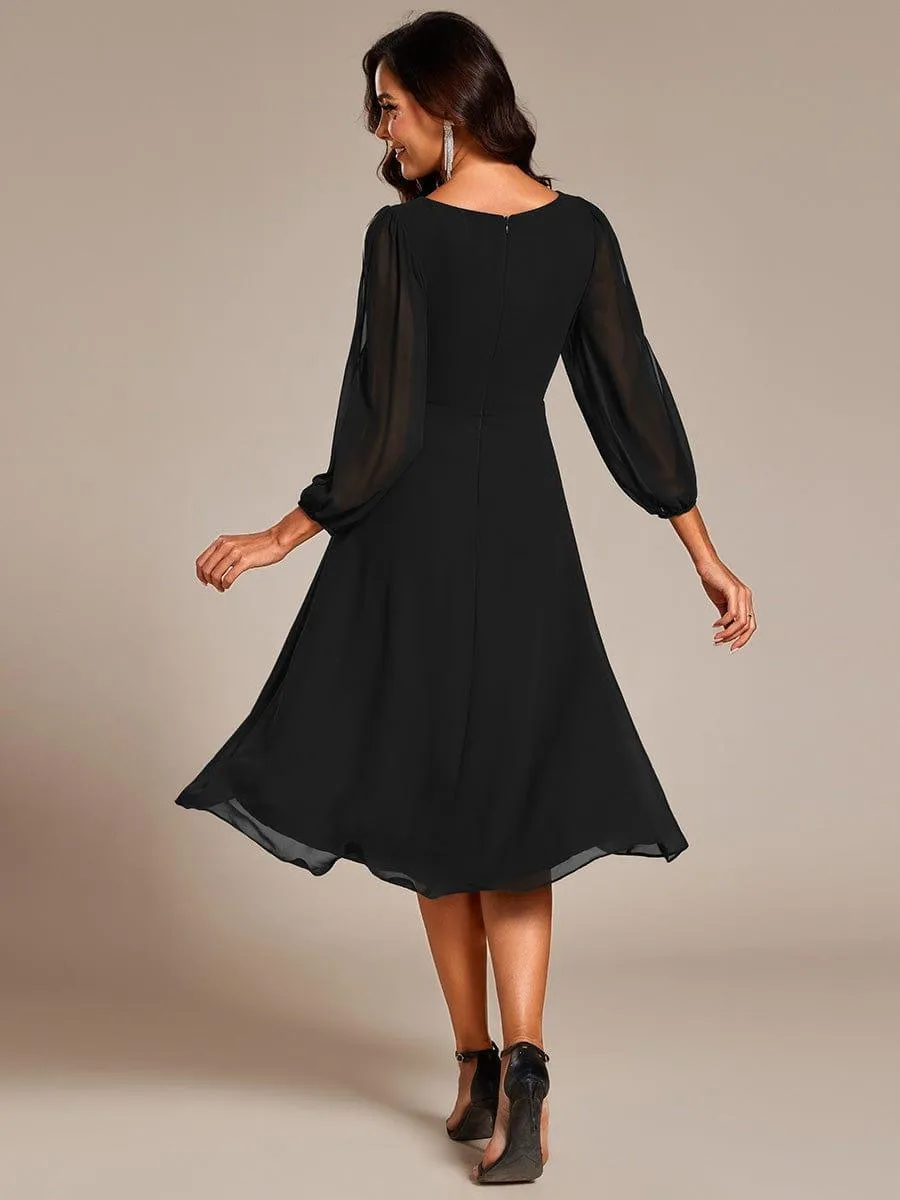 Warm Elise | Long Sleeves Waist Applique A-Line Midi Chiffon Wedding Guest Dress