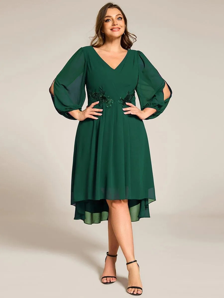 Warm Elise | Long Sleeves Waist Applique A-Line Midi Chiffon Wedding Guest Dress