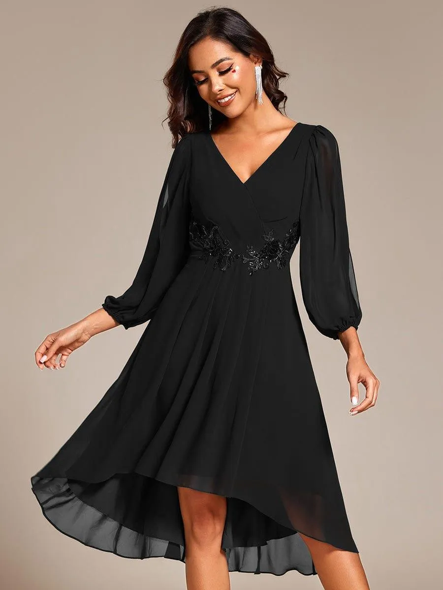 Warm Elise | Long Sleeves Waist Applique A-Line Midi Chiffon Wedding Guest Dress