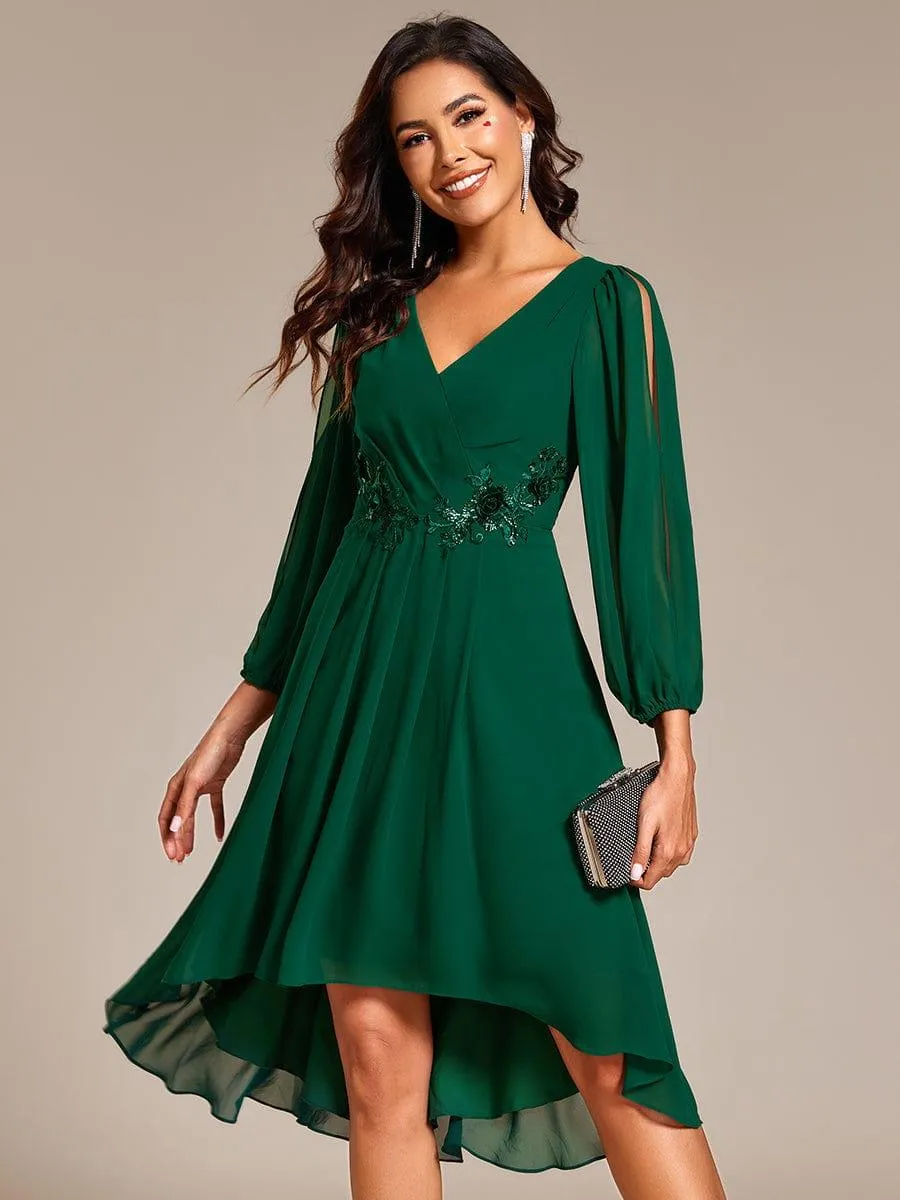 Warm Elise | Long Sleeves Waist Applique A-Line Midi Chiffon Wedding Guest Dress
