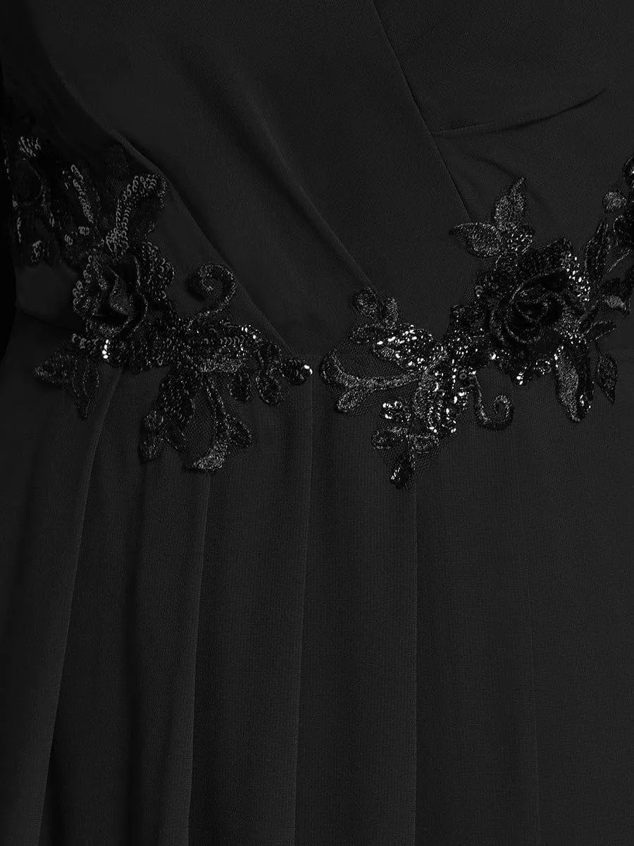 Warm Elise | Long Sleeves Waist Applique A-Line Midi Chiffon Wedding Guest Dress