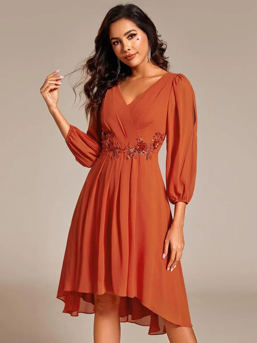Warm Elise | Long Sleeves Waist Applique A-Line Midi Chiffon Wedding Guest Dress