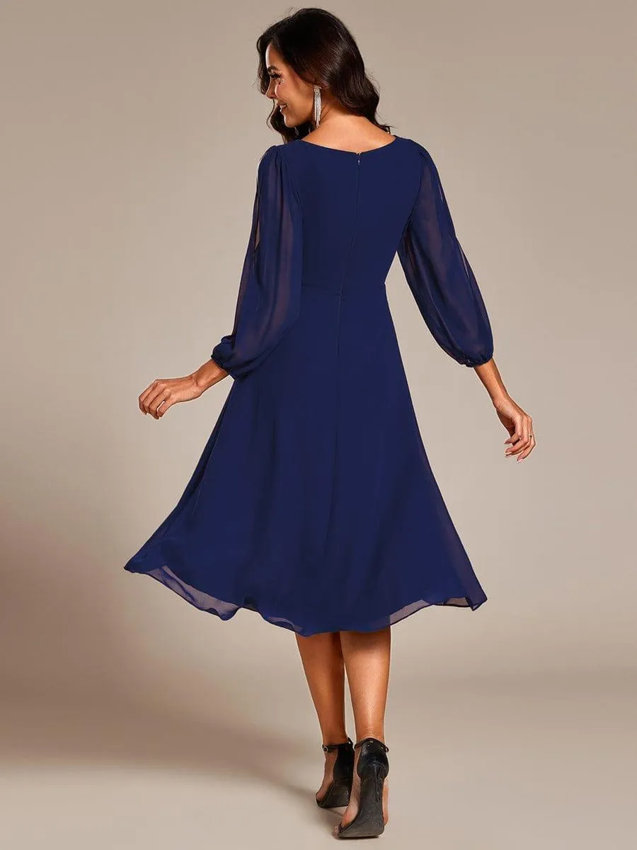Warm Elise | Long Sleeves Waist Applique A-Line Midi Chiffon Wedding Guest Dress
