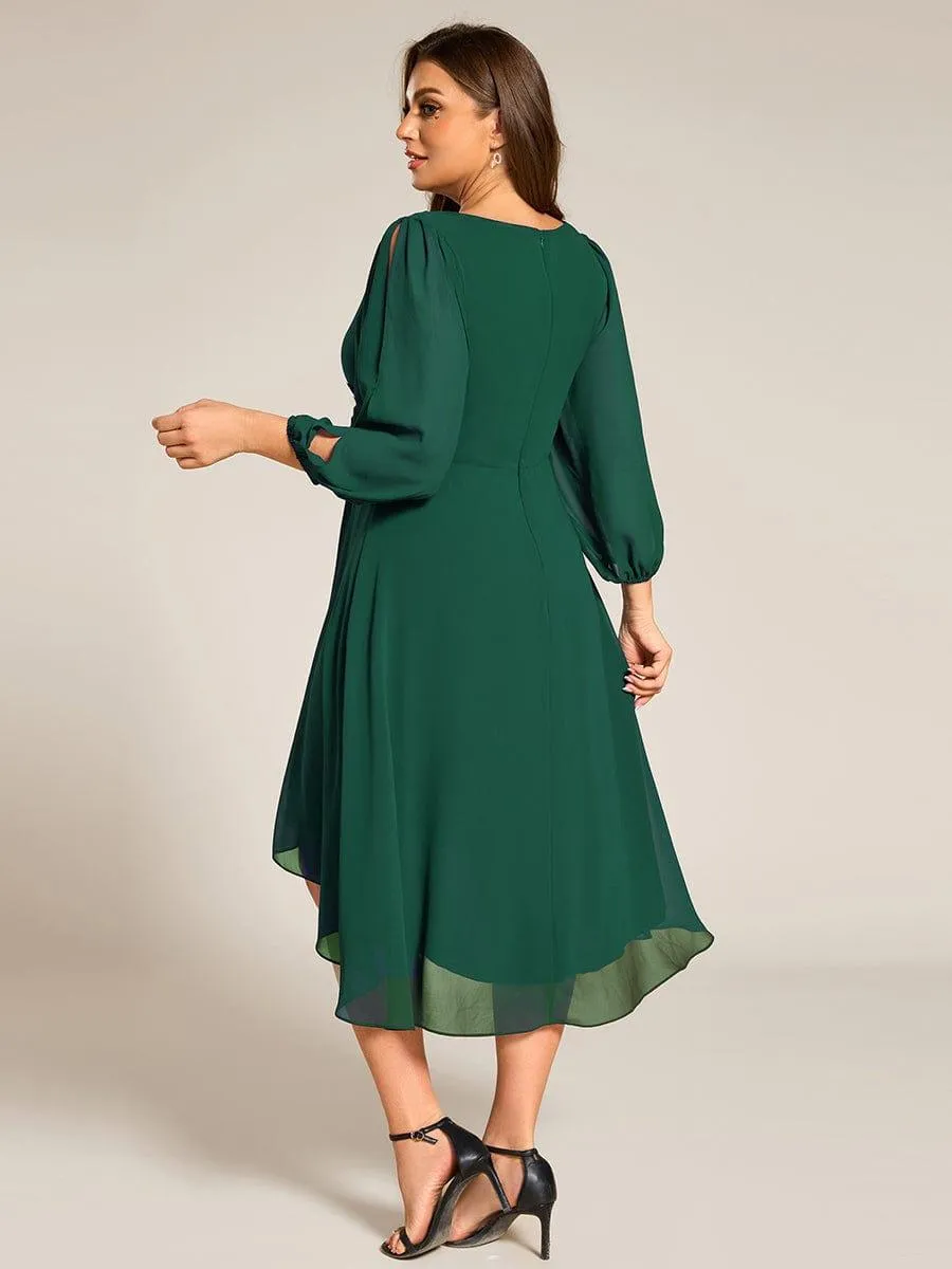 Warm Elise | Long Sleeves Waist Applique A-Line Midi Chiffon Wedding Guest Dress