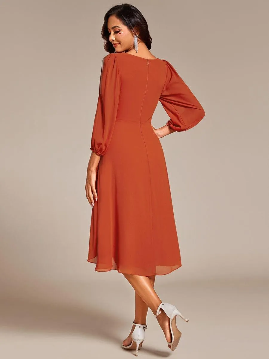 Warm Elise | Long Sleeves Waist Applique A-Line Midi Chiffon Wedding Guest Dress