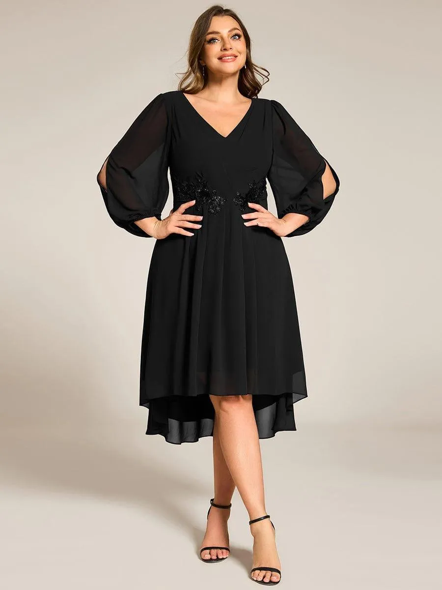 Warm Elise | Long Sleeves Waist Applique A-Line Midi Chiffon Wedding Guest Dress