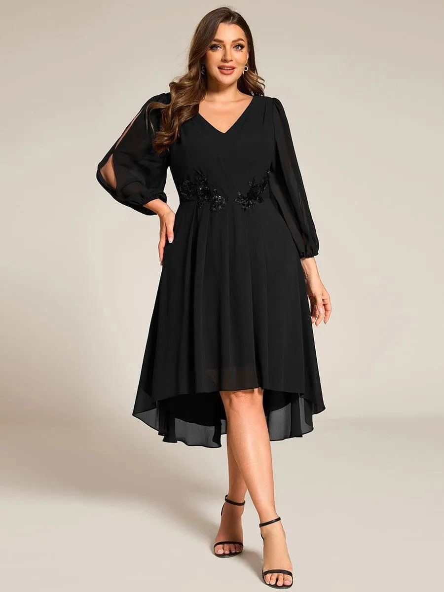 Warm Elise | Long Sleeves Waist Applique A-Line Midi Chiffon Wedding Guest Dress