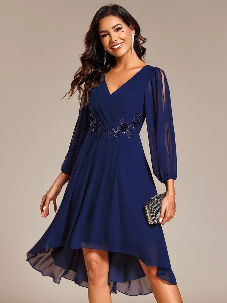 Warm Elise | Long Sleeves Waist Applique A-Line Midi Chiffon Wedding Guest Dress