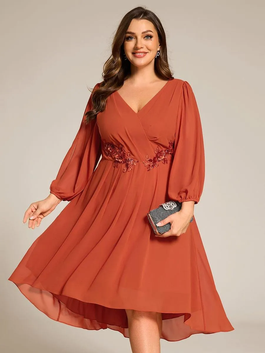 Warm Elise | Long Sleeves Waist Applique A-Line Midi Chiffon Wedding Guest Dress