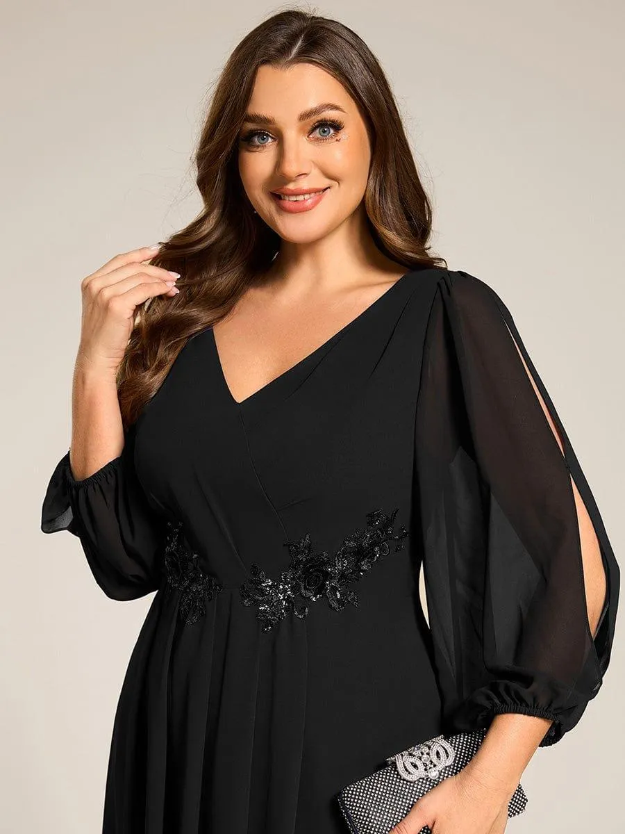Warm Elise | Long Sleeves Waist Applique A-Line Midi Chiffon Wedding Guest Dress