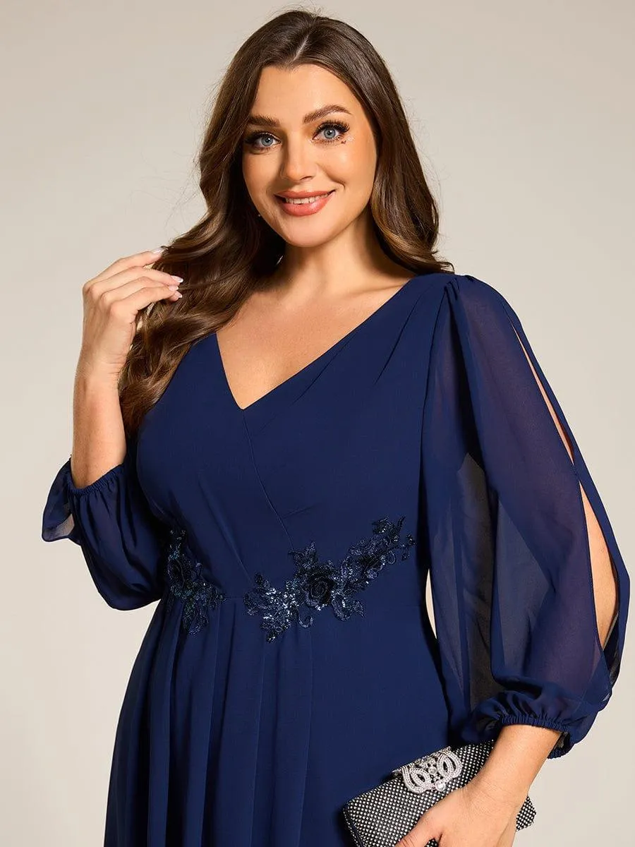 Warm Elise | Long Sleeves Waist Applique A-Line Midi Chiffon Wedding Guest Dress