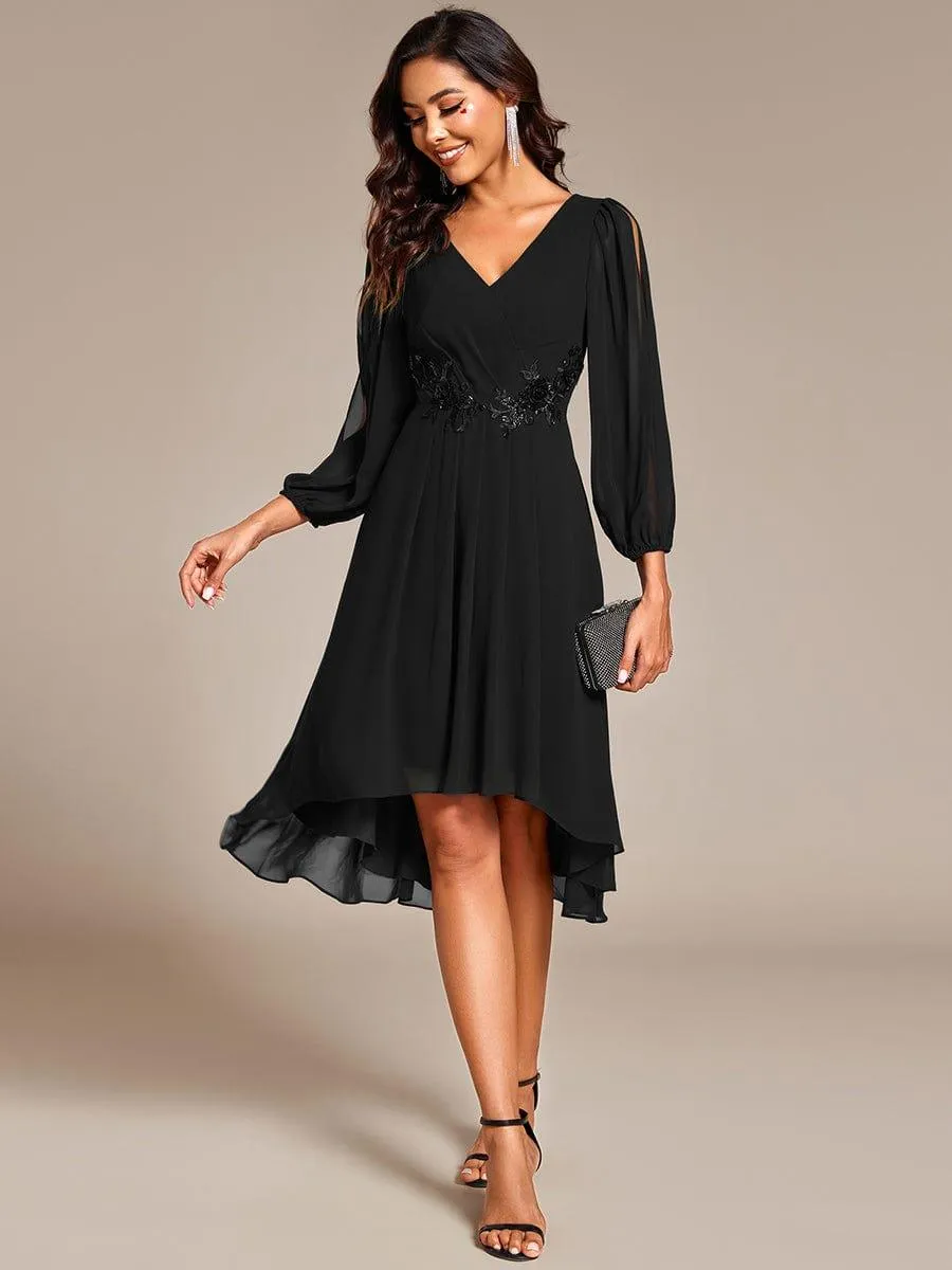 Warm Elise | Long Sleeves Waist Applique A-Line Midi Chiffon Wedding Guest Dress