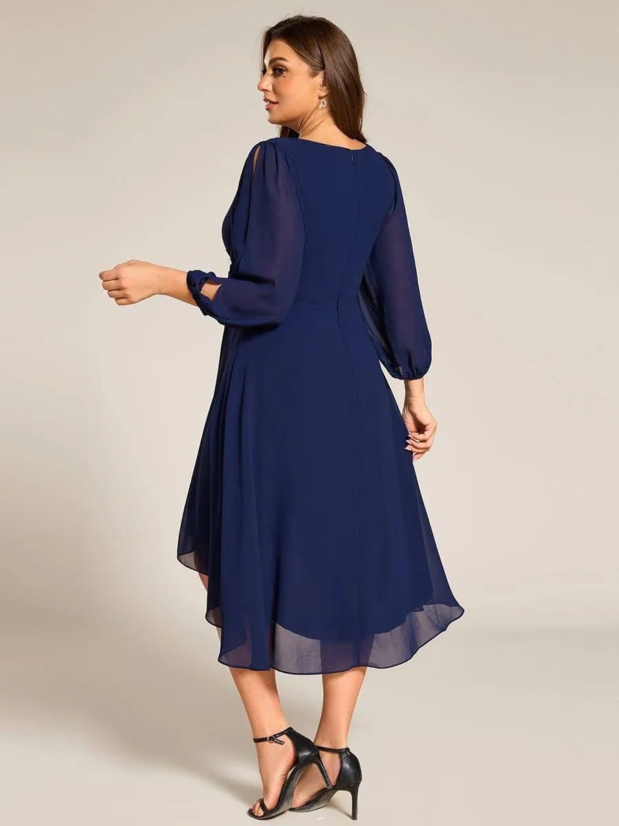 Warm Elise | Long Sleeves Waist Applique A-Line Midi Chiffon Wedding Guest Dress