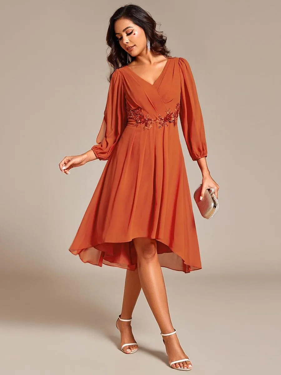 Warm Elise | Long Sleeves Waist Applique A-Line Midi Chiffon Wedding Guest Dress